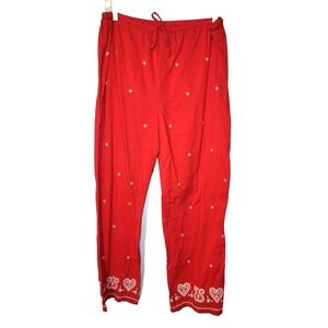 Victoria Secret Red Lounge Pant Holiday White Embroidered  Draw String Waist Med